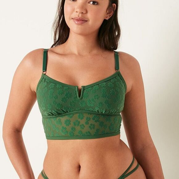 VICTORIA SECRET PINK BRALETTES & BRA TOP FLOCKED MESH BRALETTE FOREST PINE M NWT - Picture 1 of 7